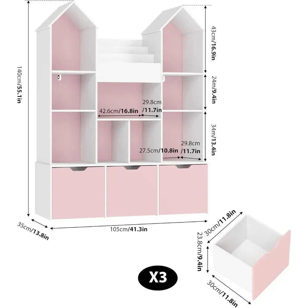 Detailed view of a kids' castle toy storage with open shelves and two large rolling drawers