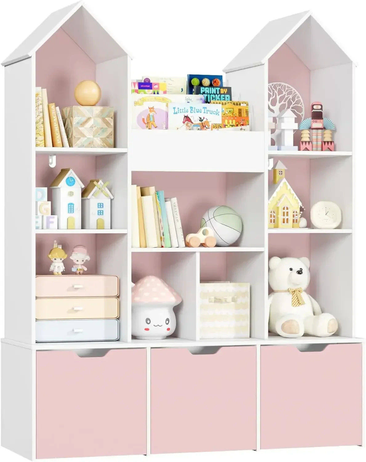 Kids castle bedroom organizer, designed as a dollhouse, with convenient rolling storage drawers