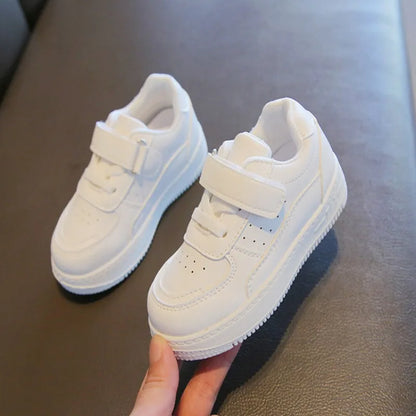 Breathable leather casual sneakers for kids, featuring velcro closure for easy on/off, ideal for fall & spring