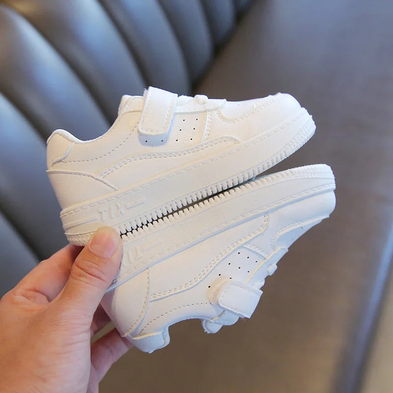 Boys breathable casual board shoes, white leather with convenient velcro straps for active spring/autumn wear