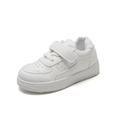 Two pairs of kids casual sneakers, white leather velcro style, designed for breathable comfort in spring/fall