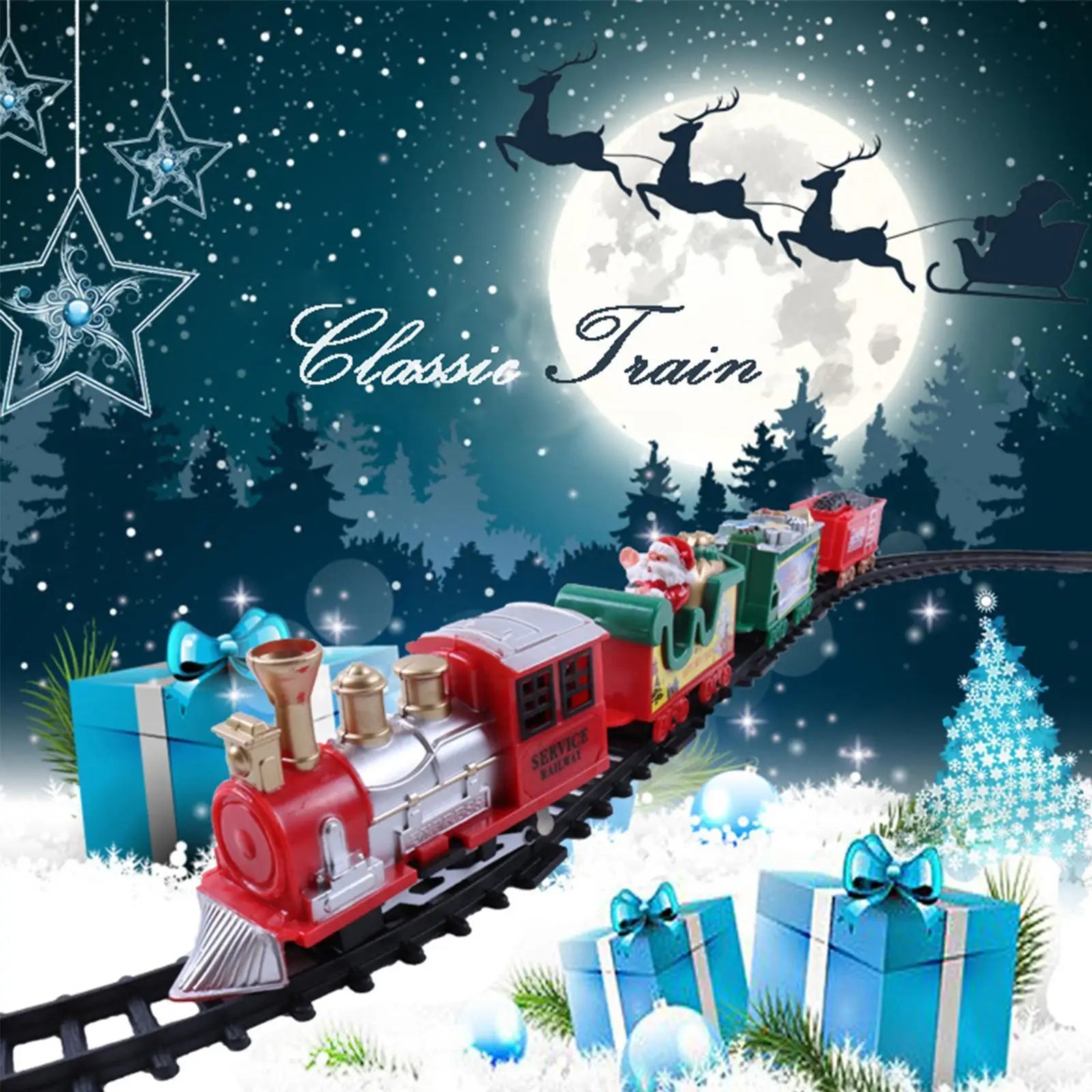 Festive electric train toy with tracks & realistic sound, an engaging Christmas gift for kids.