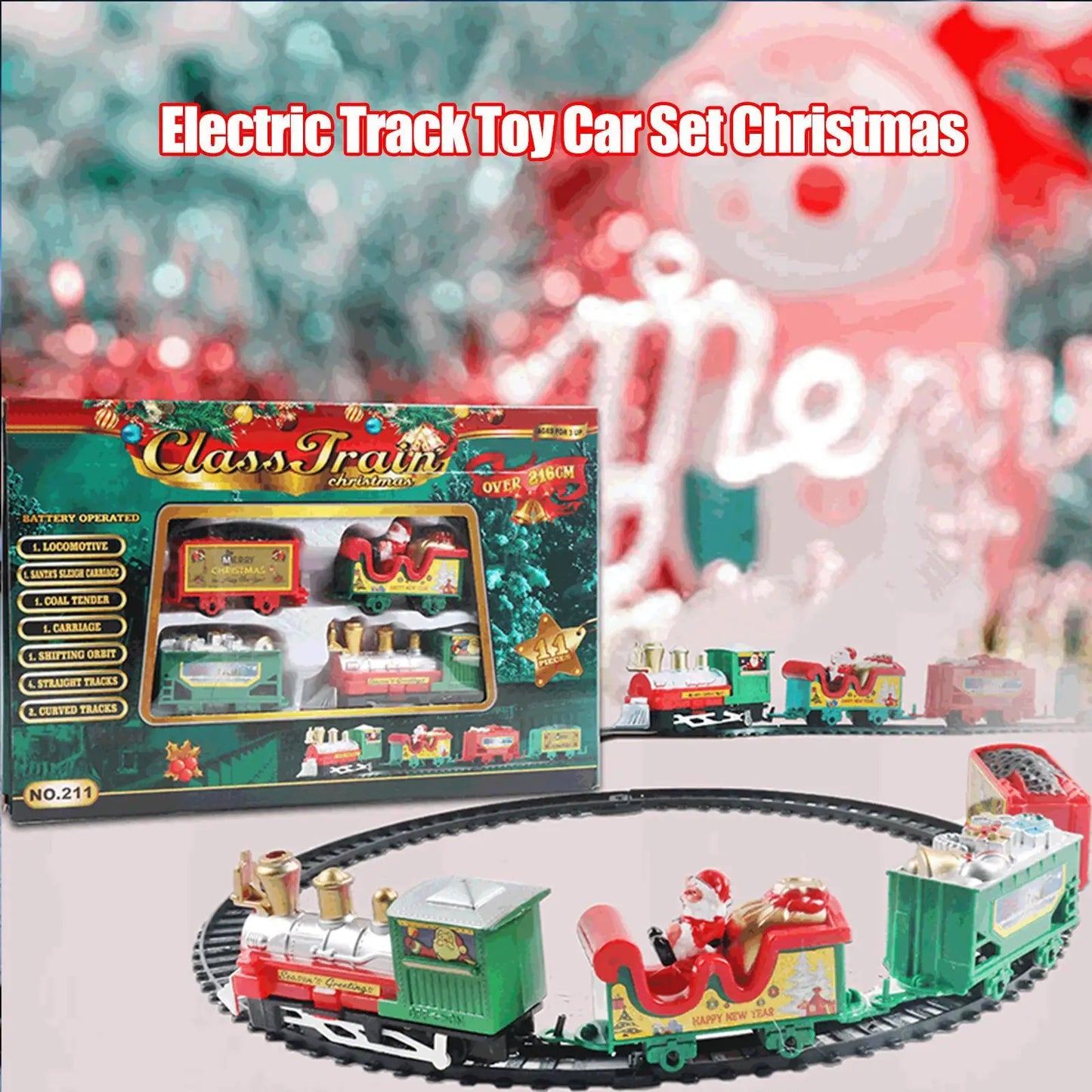 Christmas electric train set for kids with bright lights, ideal holiday decor & educational toy.