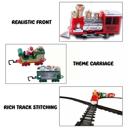 Holiday electric train set for kids, includes tracks, lights, & sound, perfect Christmas present.