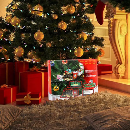 Close-up of red and green Christmas Express train, a seasonal decoration with interactive sound