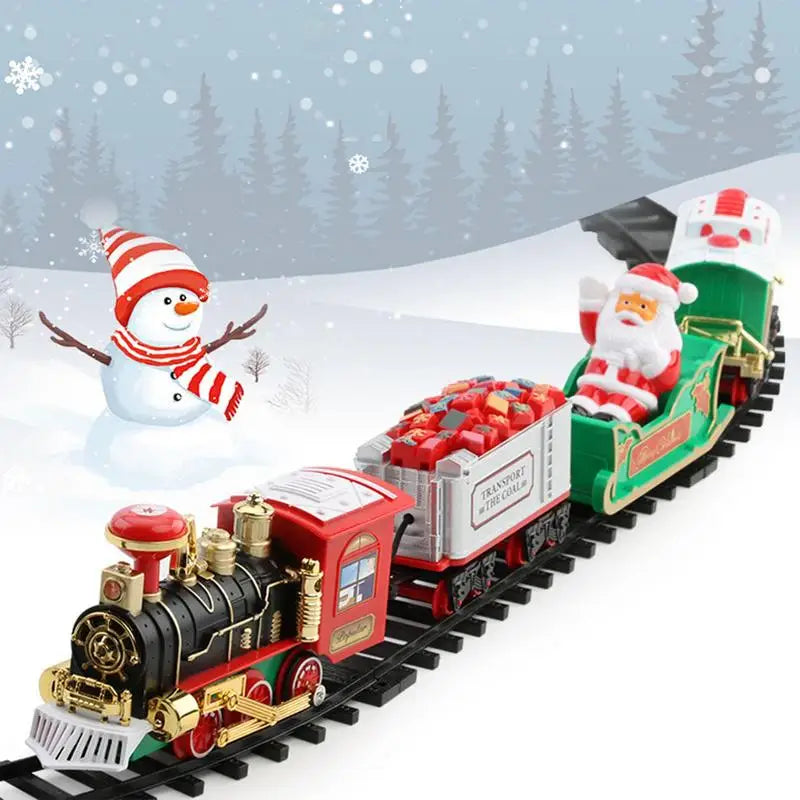 Children playing with Christmas train set, gift for kids with festive holiday sounds