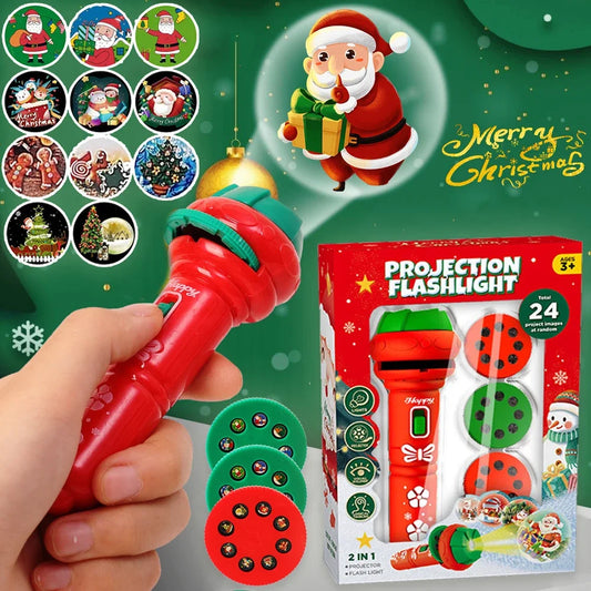 Kids' Christmas projector flashlight toy displaying Santa Claus, ideal for holiday fun & bedtime routine.