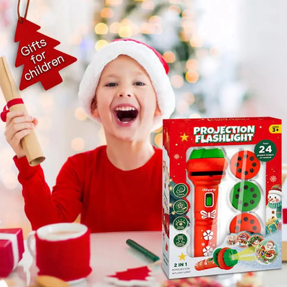 Educational kids' Christmas projector flashlight with 'Merry Christmas' text, a fun seasonal learning toy.