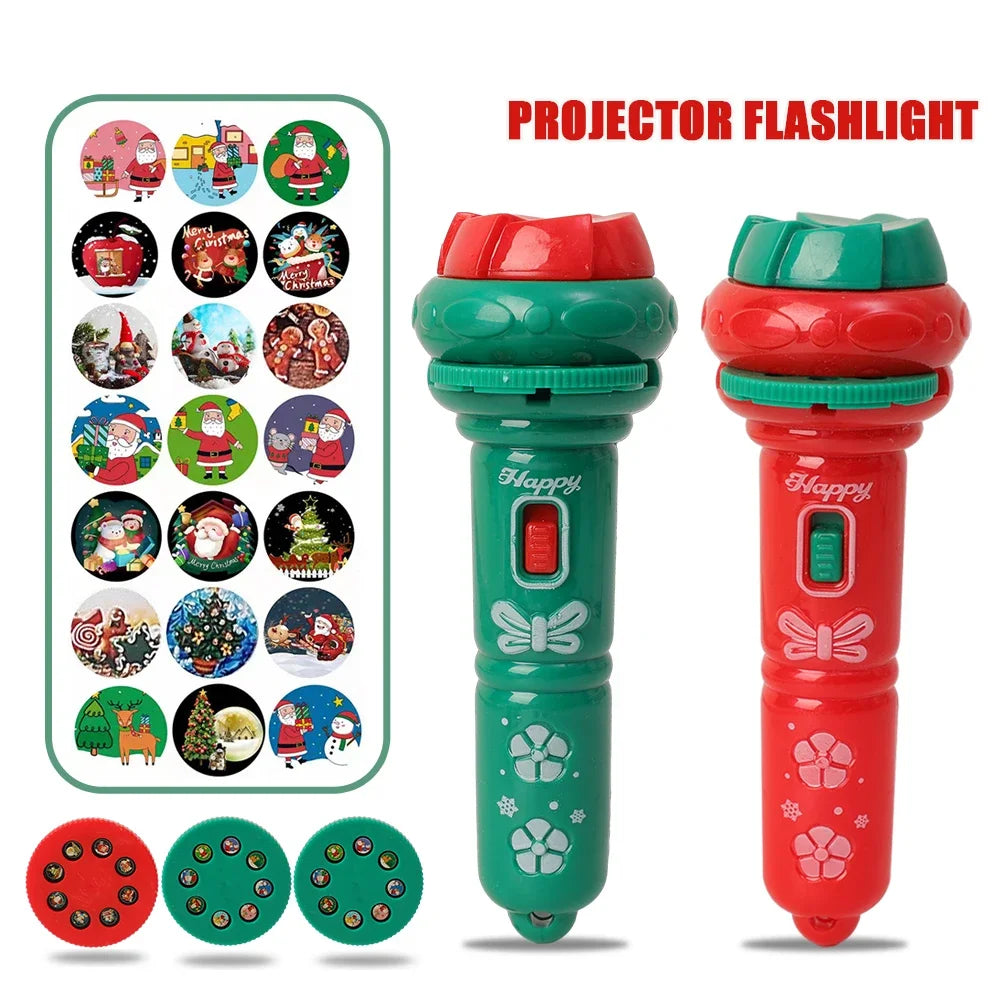 Kids' Christmas projector flashlight toy illuminating a wall with festive images, perfect holiday night light.