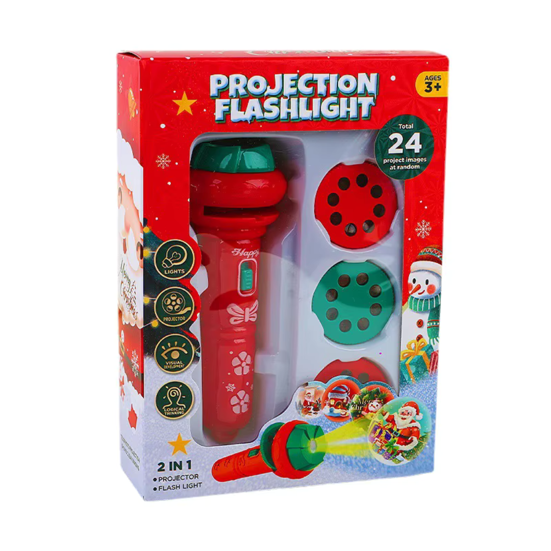 Close-up of kids' Christmas projector flashlight toy, showing different holiday slides for children's entertainment.