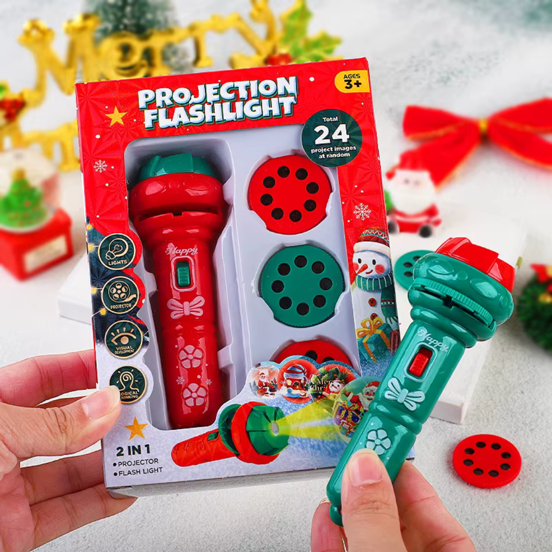 Hand holding a 'Kids' Christmas Projector Flashlight Toy' casting a vibrant holiday scene, ideal for gifting.