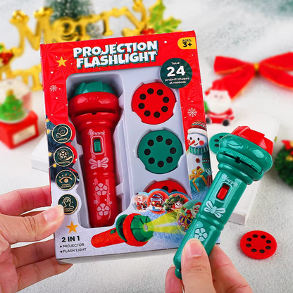 Hand holding a 'Kids' Christmas Projector Flashlight Toy' casting a vibrant holiday scene, ideal for gifting.