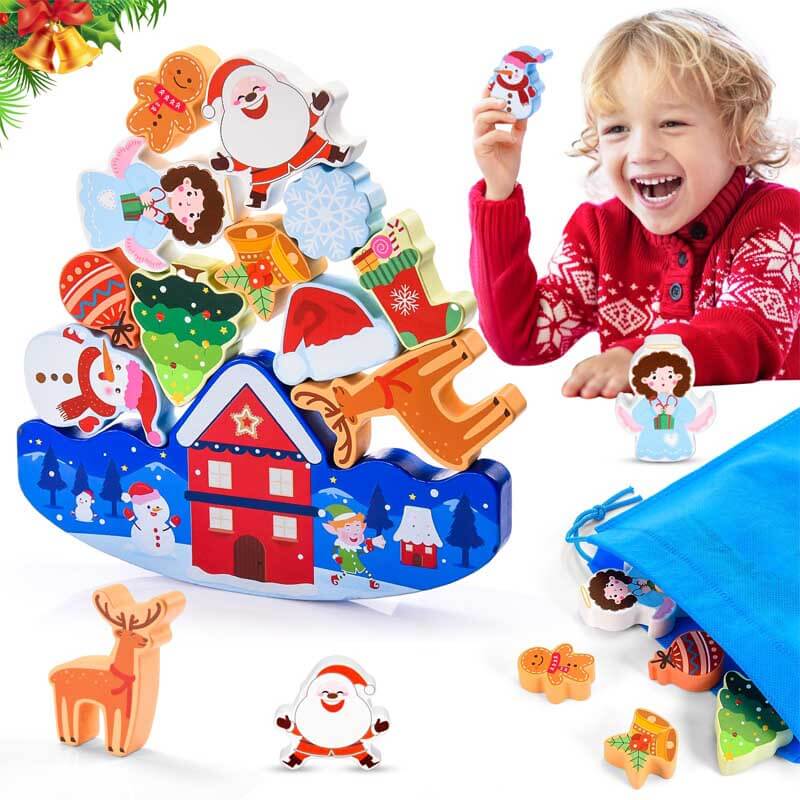 Kids' Christmas Wooden Stacking Fun Toy Set with festive characters, promoting fine motor skills