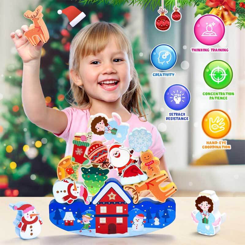 Educational wooden stacking game featuring Christmas tree shape, perfect for holiday fun and learning