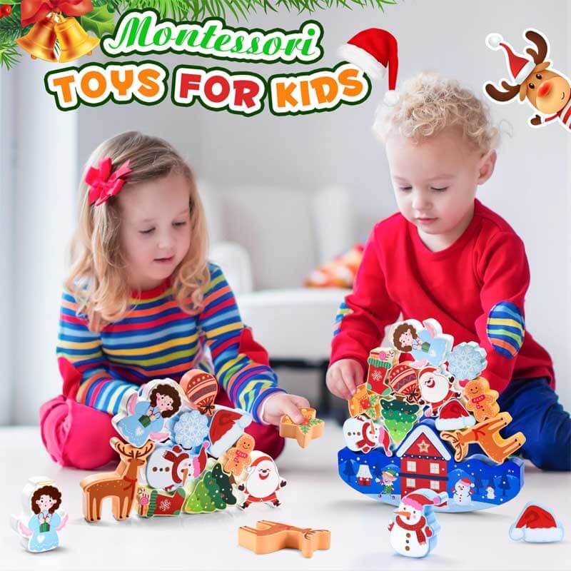 Close-up of wooden stacking Christmas game pieces, encouraging hand-eye coordination for kids