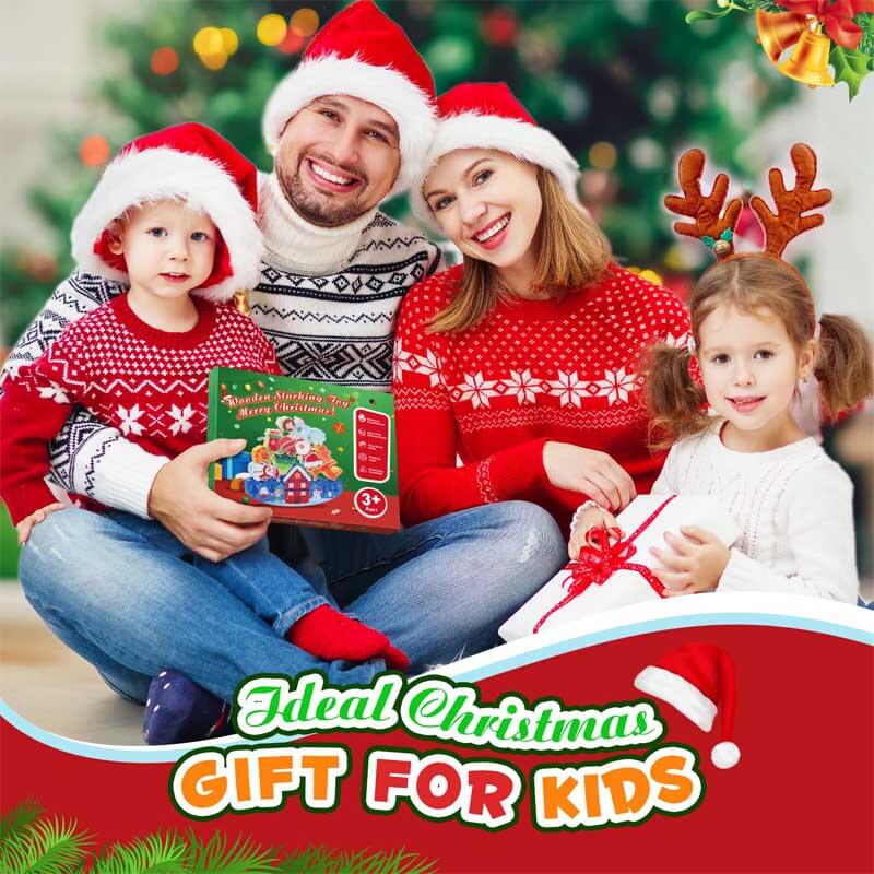 Festive wooden stacking toy set with various Christmas characters, ideal for kids' educational play
