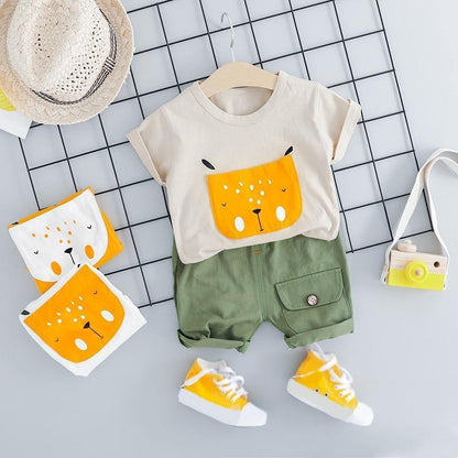 Toddler outfit featuring a playful puppy print t-shirt & comfortable shorts, cotton blend fabric