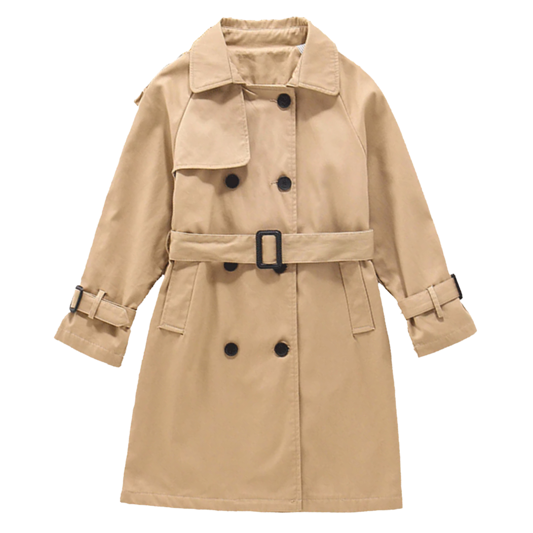 Kids classic brown long sleeve trench coat for boys and girls, cotton blend