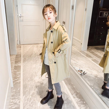 Stylish kids brown long sleeve trench coat, perfect for fall and winter fashion