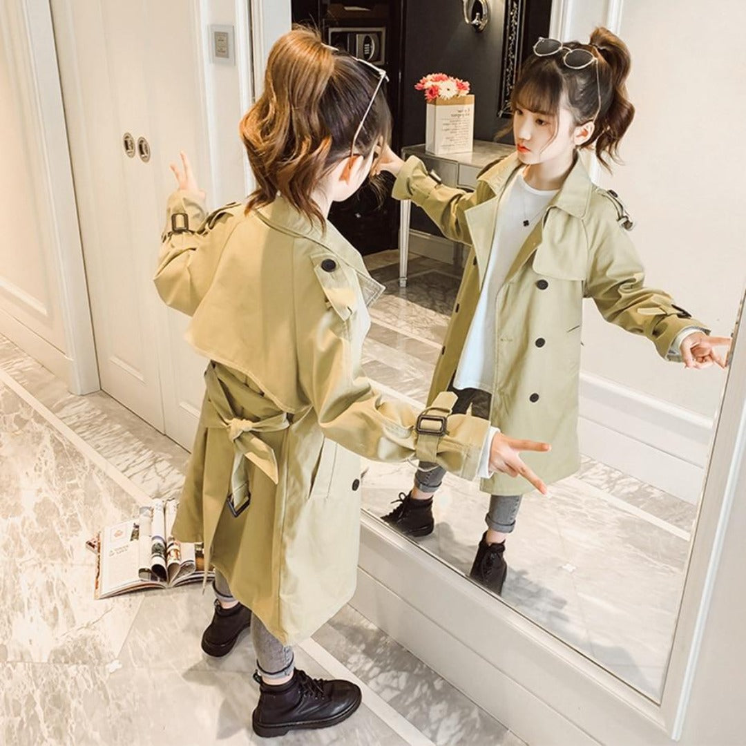 Toddler brown trench jacket with long sleeves, durable cotton blend outerwear
