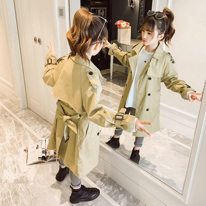 Toddler brown trench jacket with long sleeves, durable cotton blend outerwear