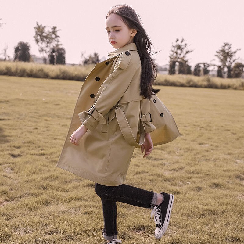Childrens long sleeve brown trench coat, a classic and fashionable outerwear piece