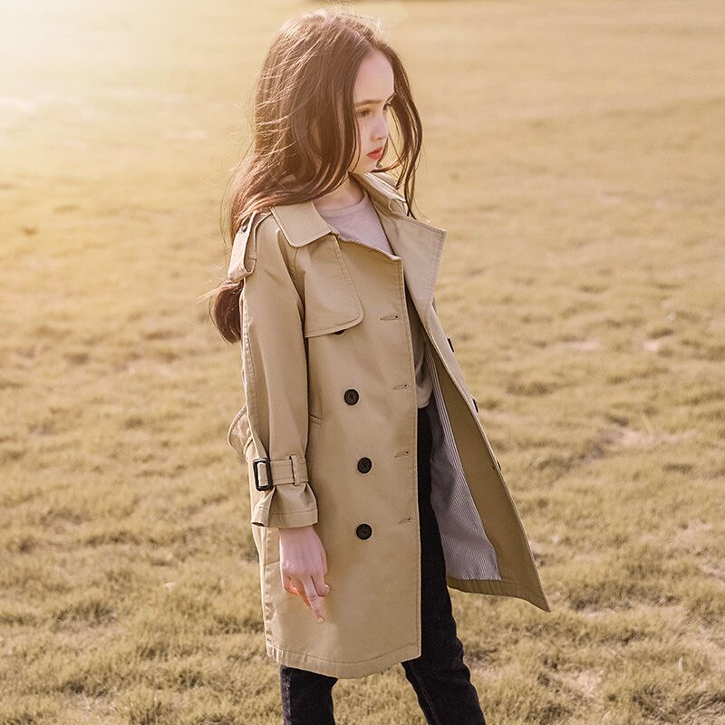 Kids brown cotton blend trench coat, ideal for keeping warm in fall and winter