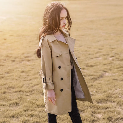 Kids brown cotton blend trench coat, ideal for keeping warm in fall and winter
