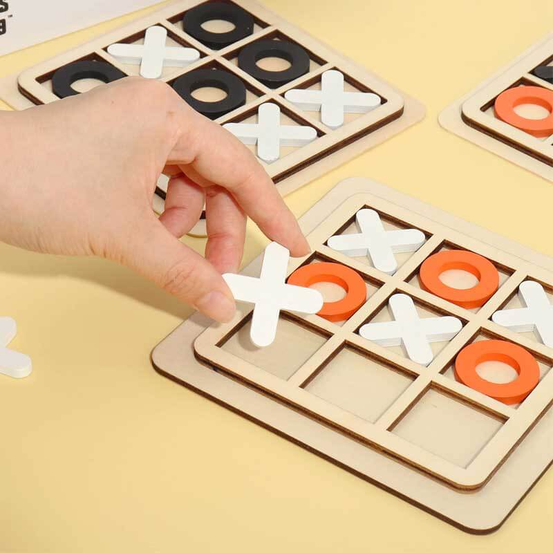 Educational wooden Tic Tac Toe game, perfect for developing strategy skills in kids, a great gift.