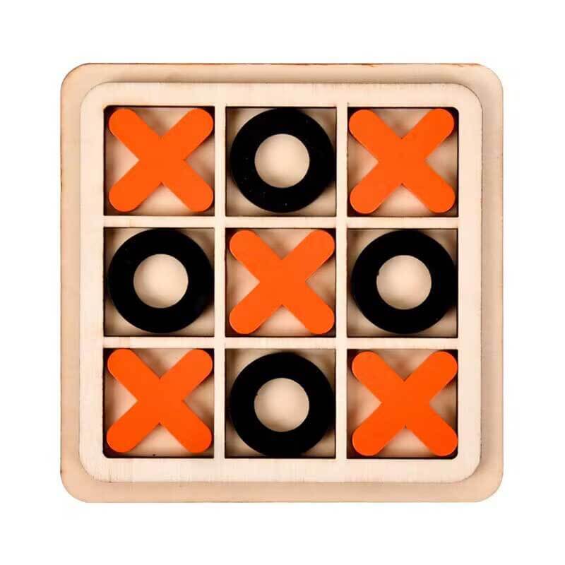 Compact wooden Tic Tac Toe board game, ideal for family game nights and easy to pack for travel entertainment.