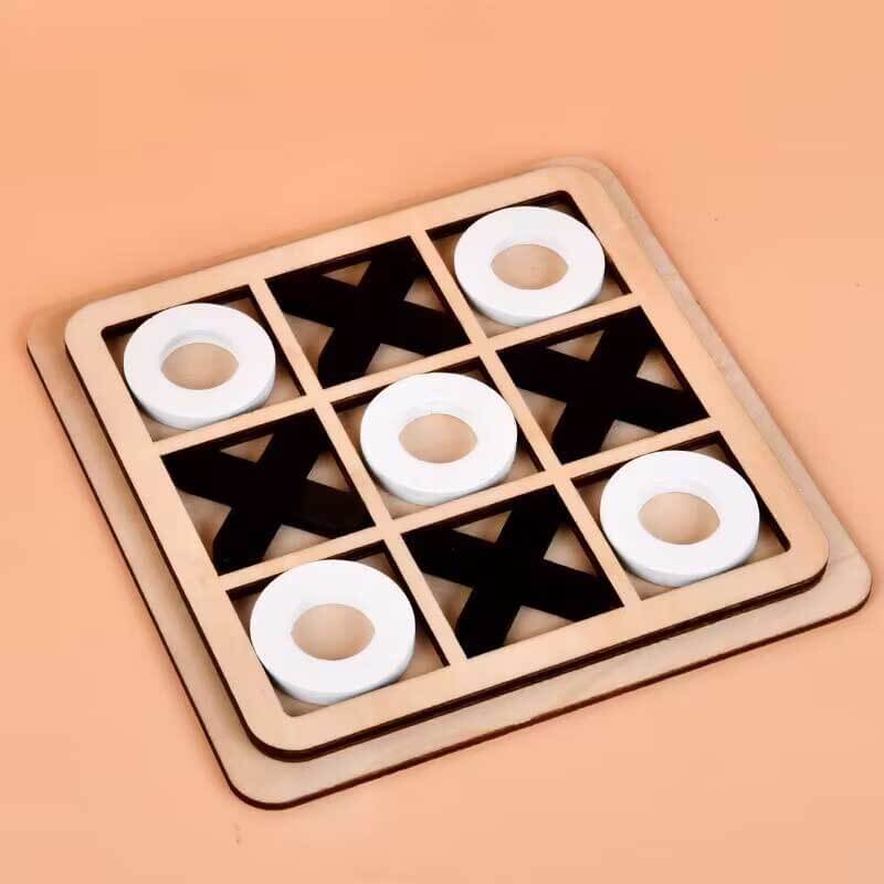 Wooden Tic Tac Toe game set, complete with all pegs, showcasing its readiness for strategy play and kids' fun.