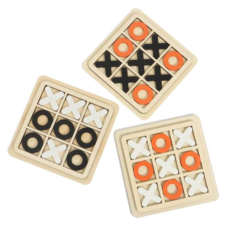 Gift-ready wooden Tic Tac Toe game, a classic and educational toy for children, promoting family interaction.