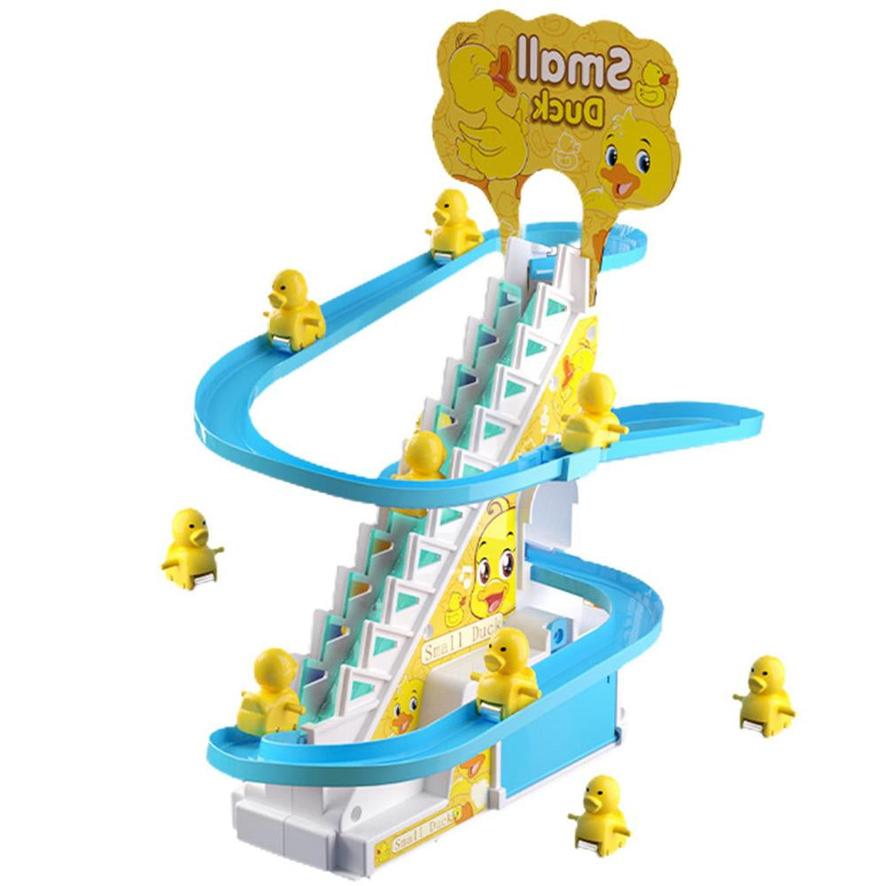 Kids' climbing duck slide toy set with yellow ducks ascending a blue escalator