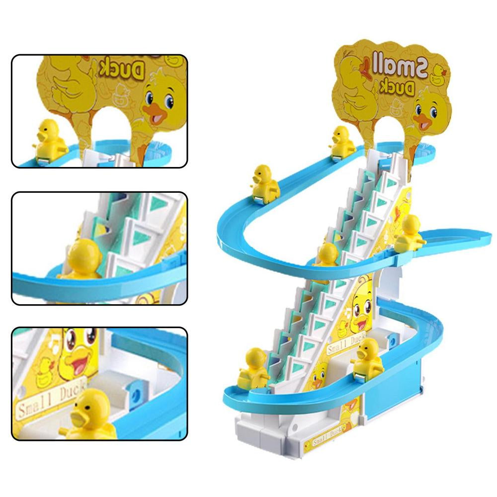 Childrens gift: detailed view of duck slide toy set, multiple levels & moving parts