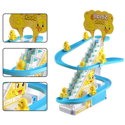 Childrens gift: detailed view of duck slide toy set, multiple levels & moving parts