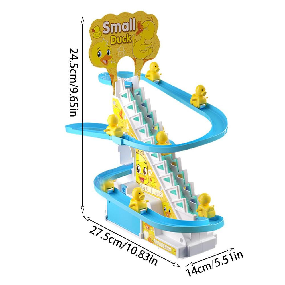 Close-up of a yellow duck figure on a vibrant kids' climbing slide toy