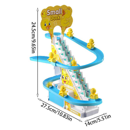 Close-up of a yellow duck figure on a vibrant kids' climbing slide toy