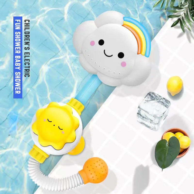Blue cloud design baby bath sprinkler toy easily attaches to faucet for toddlers.