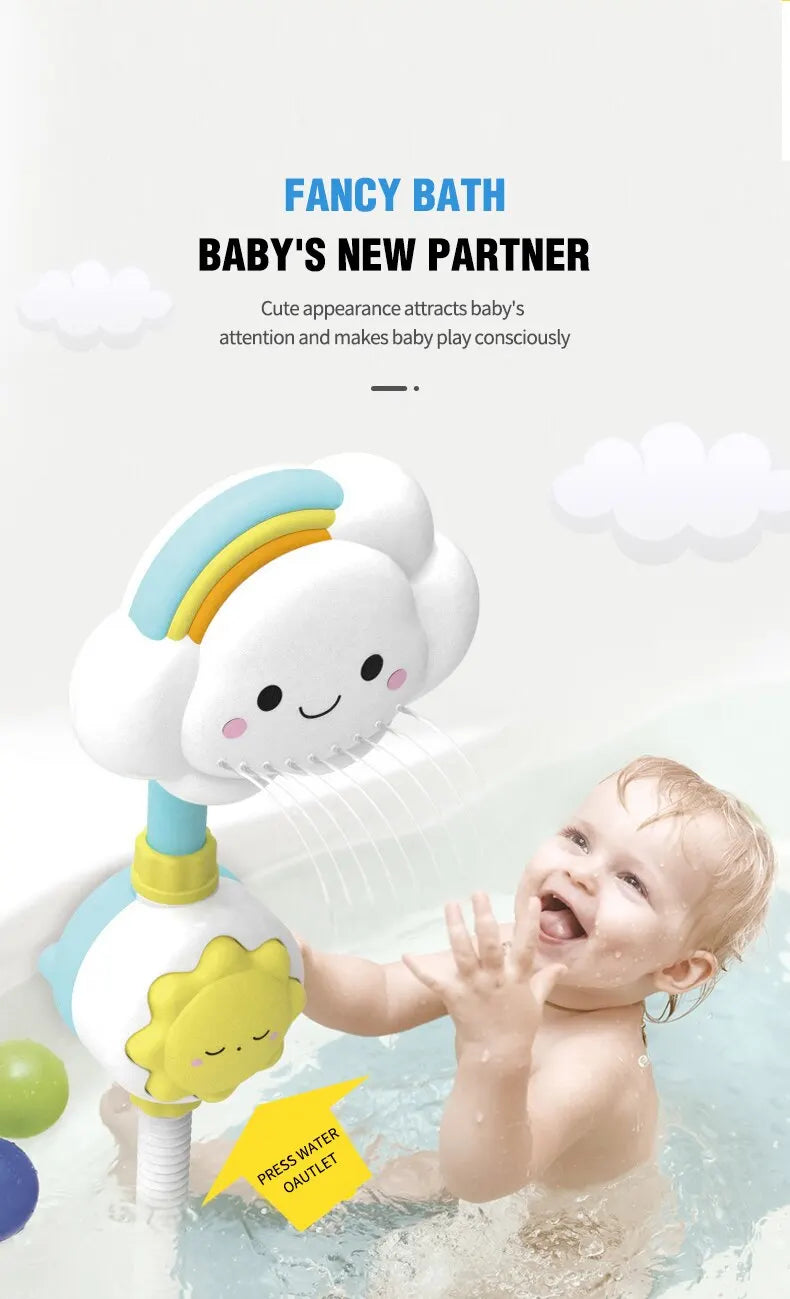 Bathroom fun with a kids' cloud faucet sprinkler toy, promoting engaging water play.