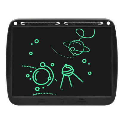 Child's hand holding stylus, creating art on a portable LCD erasable drawing tablet