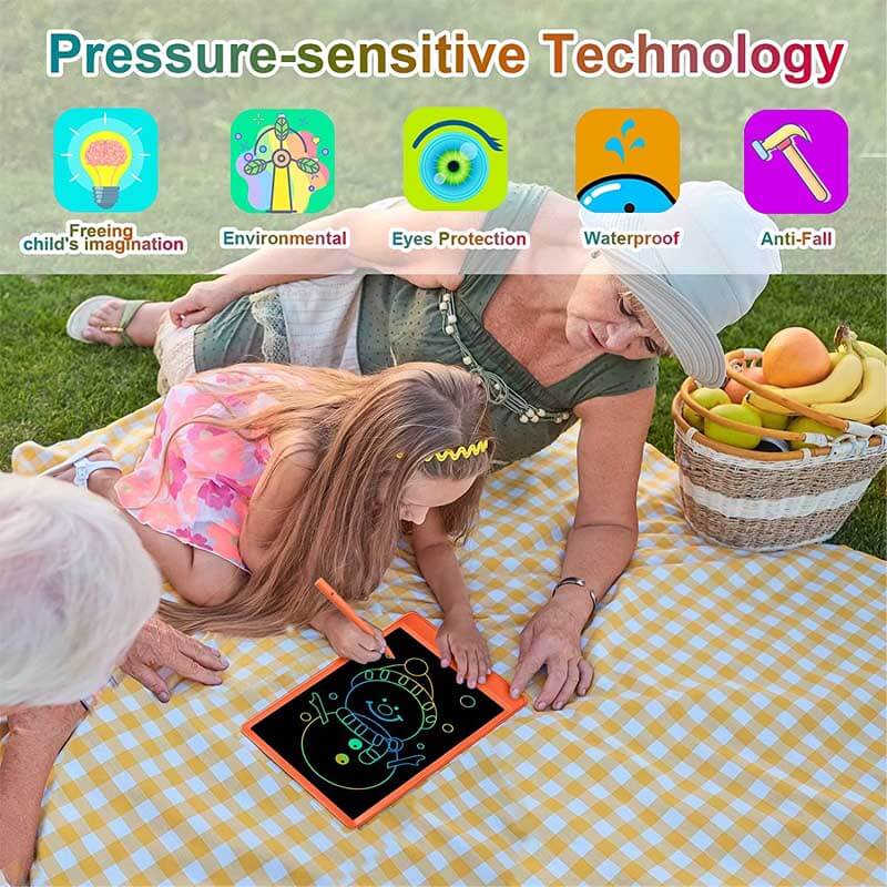 Child using an erasable LCD drawing board, a fun and educational art and learning toy