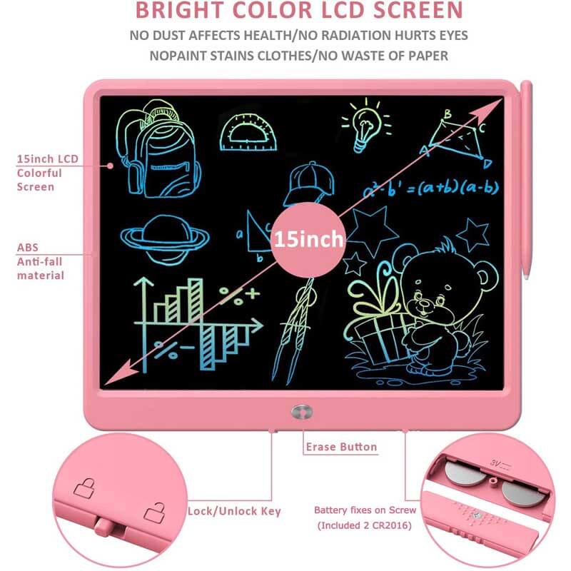 Durable erasable LCD drawing tablet, screen for kids' art and learning, a great gift