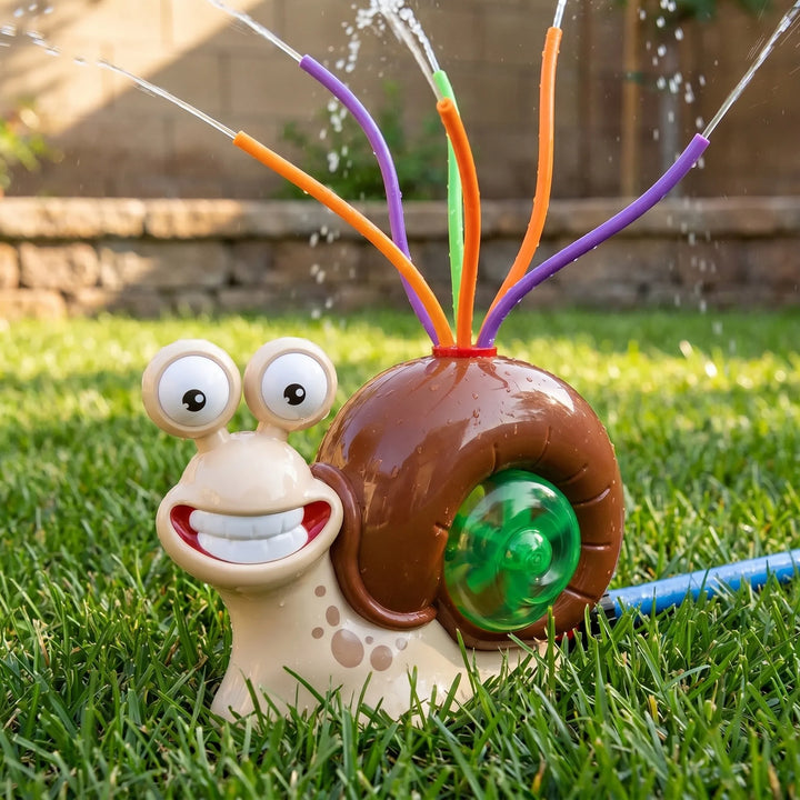 Kids' colorful snail water sprinkler and batting game set for active outdoor summer fun.