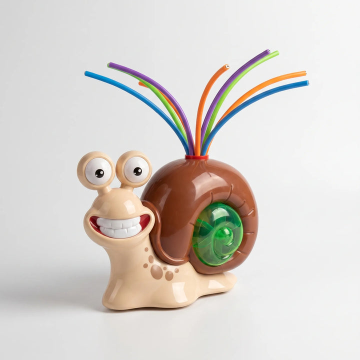 Vibrant snail outdoor toy with a water sprinkler and batting set, ideal for summer backyard play.