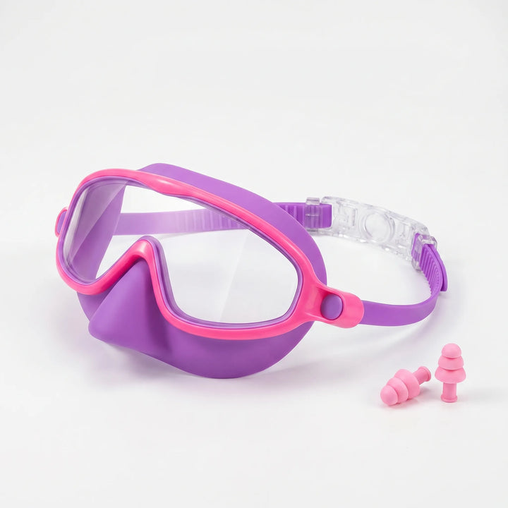 Children's swim mask with built-in nose cover for comfortable, leak-proof protection during swimming & diving.
