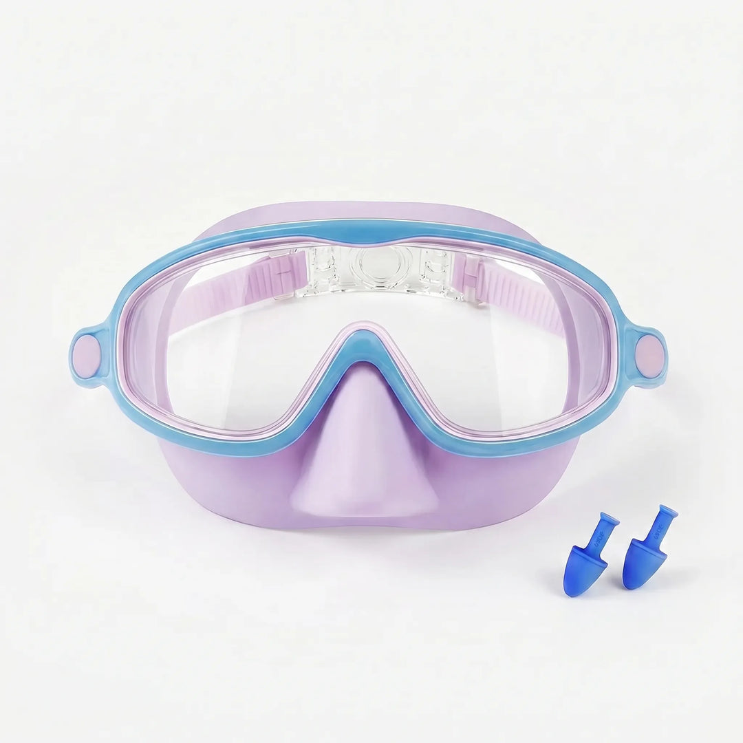 Leak-proof kids' swim goggles with integrated nose cover, clear lens, perfect for comfortable pool & diving sessions.