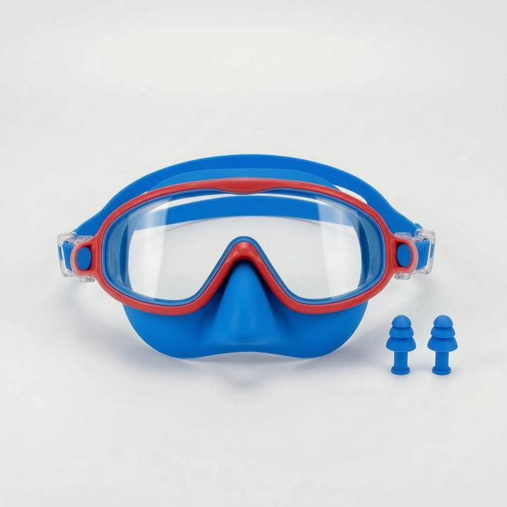Ergonomic children's swim mask featuring a wide clear lens, soft silicone seal, and protective nose cover for aquatic fun.