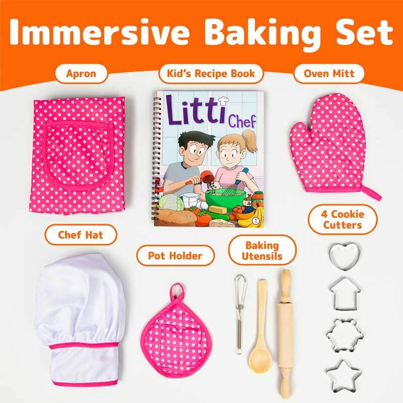 Toddler chef costume with utensils and baking tools, an educational toy for kids