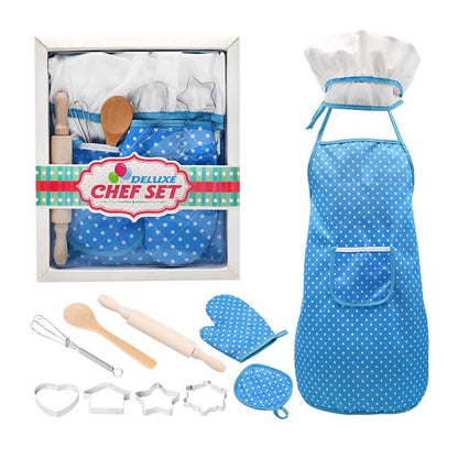 Complete chef set for kids with apron, hat, whisk, spatula – ideal for young bakers