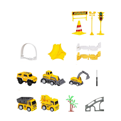 Educational DIY race track playset for kids featuring multiple colorful toy vehicles on a custom-built track